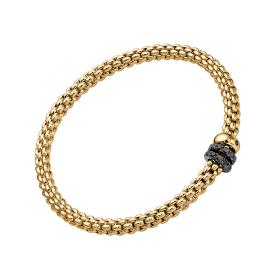 Gelbgold, Armschmuck, FOPE Solo Flex'it Armband mit drei Rondellen und schwarzem Pavébesatz 62506BX_PN_G_11G_0XS