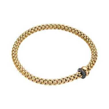 Armschmuck, Gelbgold, FOPE Solo Flex'it Armband mit zwei Rondellen und schwarzer Pavé-Fassung